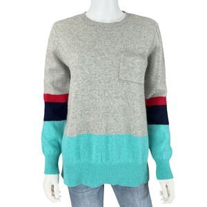 WoolOvers Colorblock Wool Pocket Sweater Womens M Grey Turquoise Loose Fit Tunic